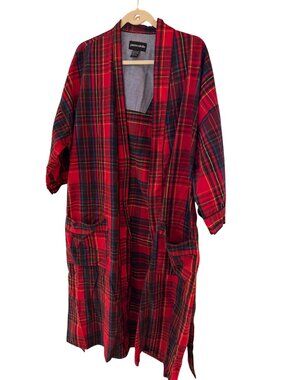 Pierre Cardin Mens Full-length Plaid Wrap Robe One Size Red Cotton Relax Vintage